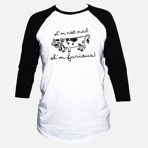 Funny Feminist "Mad Furious" Cow T shirt 3/4 Sleeve Unisex Top