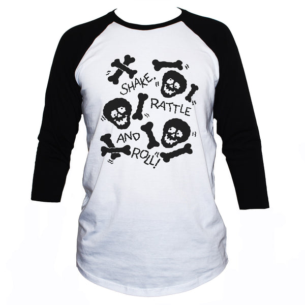 Skulls And Bones 3/4 Sleeve Graphic T shirt Unisex White Black Sleeves Baseball Tee 