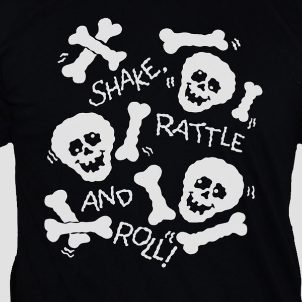 Funny Skulls And Bones Graphic T shirt White Print On Black Tee Close Up