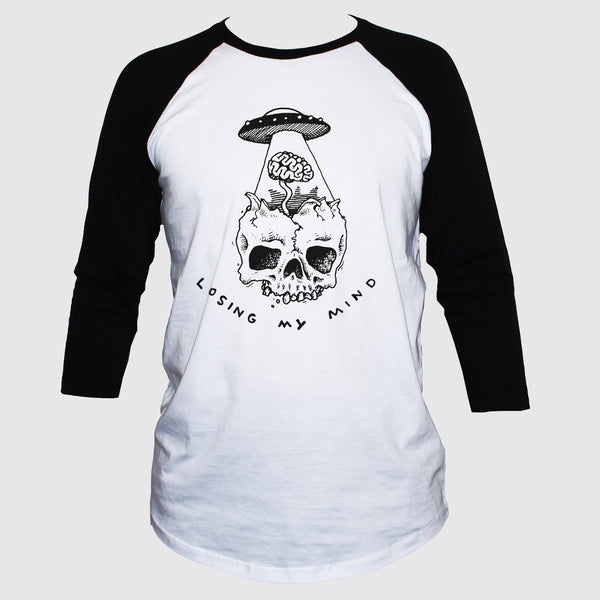 Funny Alien Spaceship "Losing My Mind" Skull T shirt 3/4 Sleeve