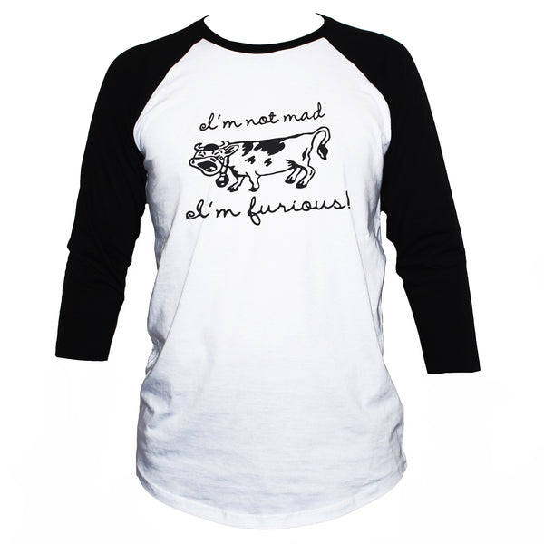Funny Feminist "Mad Furious" Cow T shirt 3/4 Sleeve Unisex Top