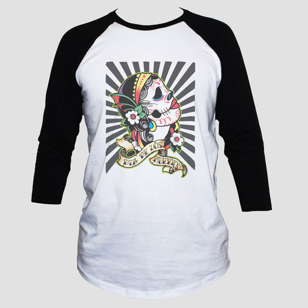Mexican Sugar Skull "Day Of The Dead" T shirt 3/4 Sleeve