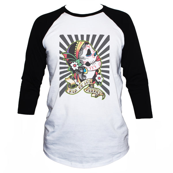 Mexican Sugar Skull "Day Of The Dead" T shirt 3/4 Sleeve